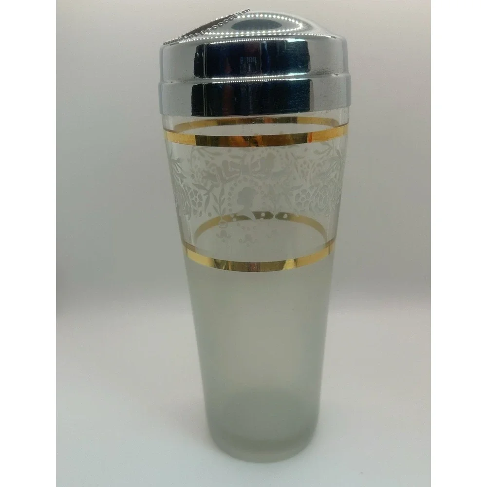 Vintage Frosted Glass Bar Straw Holder Gold‎ Band Chrome Top Mid Century